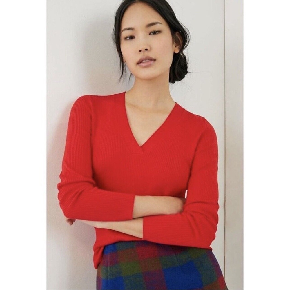 Red V-Neck Ribbed Sweater - Women